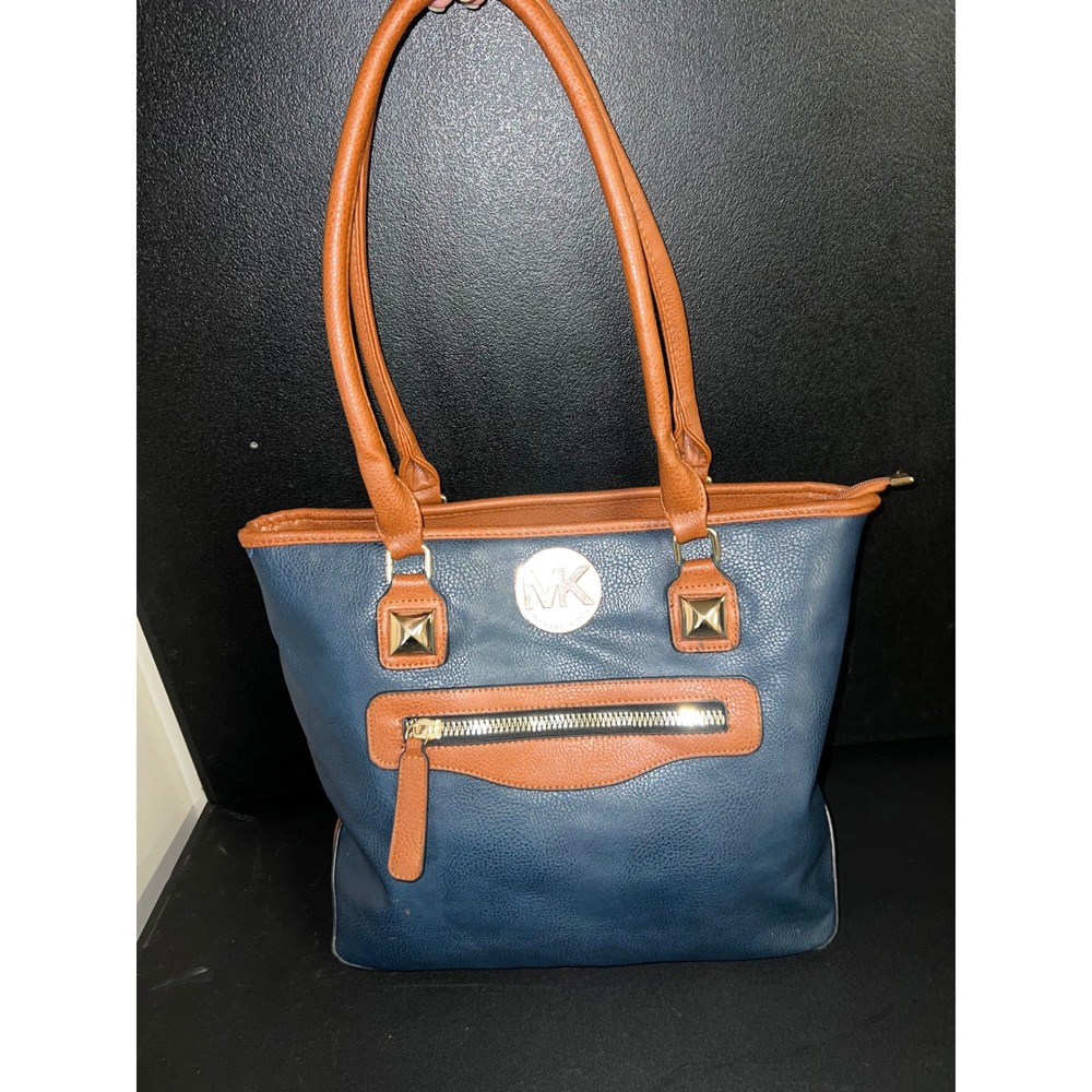 Michael Kors Navy Blue‎ Cognac Brown Pebbled Leather Tote Bag Gold MK Logo Purse